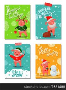 Happy holidays New Year symbol Christmas piglet vector. Pig wearing knitted sweater with reindeer print, animal building snowman of snow winter fun. Happy Holidays New Year Symbol Christmas Piglet
