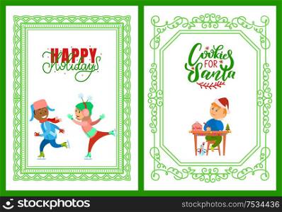 Happy holidays postcard, children on skating rink together in winter vector. Cookies for Santa lettering and boy sitting at table and writing letter to Santa. Happy Holidays Postcard, Children on Skating Rink