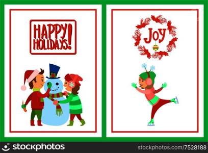 Happy holidays postcards, children making snowman and joy, skating on rink vector. Boy in Santa Claus hat, earphones with snowflakes, winter characters. Happy Holidays Postcards Children Building Snowman
