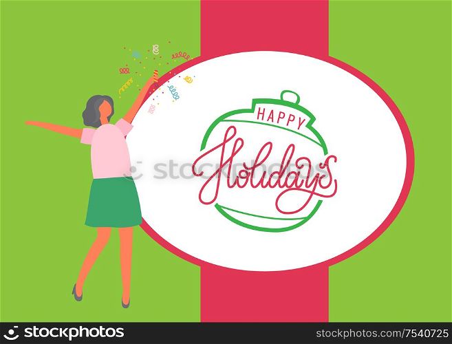 Happy holidays poster, woman in skirt and sweater bang flapper. Confetti, vector female and party cracker exploding, flat design. Girl celebrating New Year. Happy Holidays Poster, Woman in Skirt and Sweater