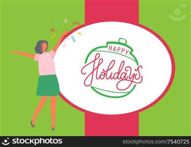 Happy holidays poster, woman in skirt and sweater bang flapper. Confetti, vector female and party cracker exploding, flat design. Girl celebrating New Year. Happy Holidays Poster, Woman in Skirt and Sweater
