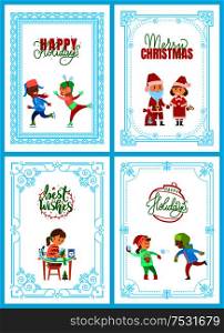 Happy holidays Santa Claus, merry Christmas greeting posters vector. Children skating on rink, playing snowball fight. Girl making handmade gifts. Happy Holidays Santa Claus, Christmas Posters