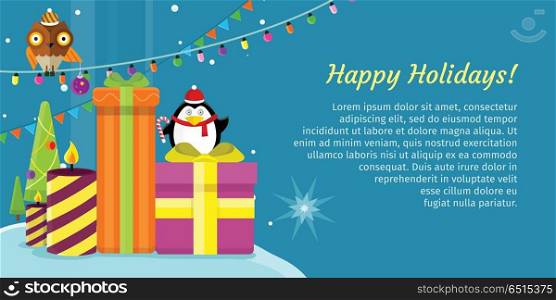 Happy Holidays Web Banner. Merry Christmas. Happy holidays web banner. Merry Christmas and Happy New Year poster with owl on garland, snow, snowflakes, presents, gift boxes and xmas tree, penguin. Add congratulation text. Greeting card. Vector
