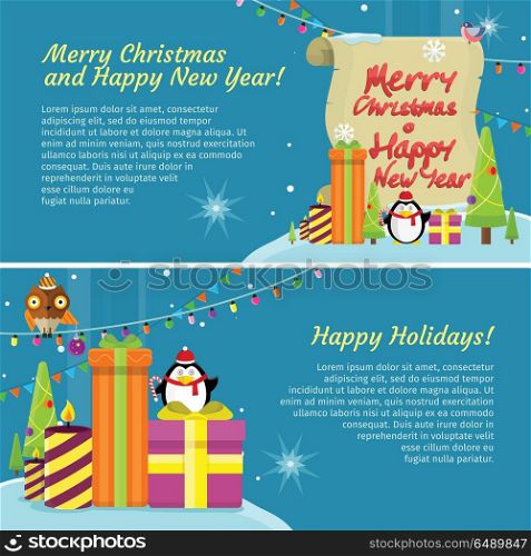 Happy Holidays Web Banner. Merry Christmas. Set of happy holidays Merry Christmas and Happy New Year web banners. Poster with owl on garland, snowflakes, present gift boxes and xmas tree, penguin. Add congratulation text. Greeting card. Vector