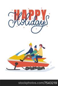 Happy holidays with riding family snowmobiling. Parents and child going together outdoor in warm clothes. Greeting papercard isolated on white vector flat style. Riding Family Holidays on Snowmobiling Vector