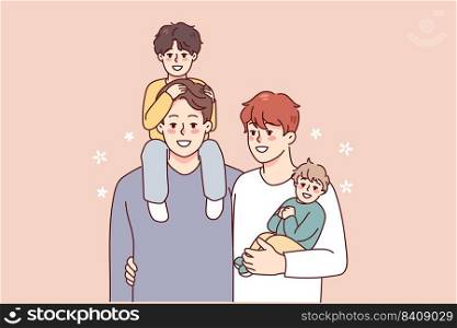 Happy homosexual men with small kids establish family. Smiling gay couple adopting children. LGBTQ parents. Vector illustration. . Homosexual men with adopted kids