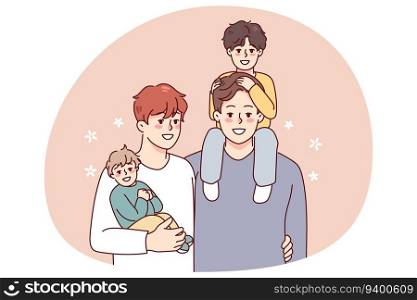Happy homosexual men with small kids establish family. Smiling gay couple adopting children. LGBTQ parents. Vector illustration.. Homosexual men with adopted kids