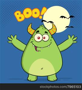 Happy Horned Green Monster Cartoon Character