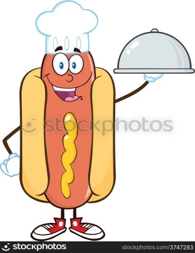 Happy Hot Dog Chef Cartoon Mascot Character With A Cloche Platter