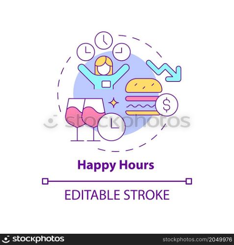 Happy hours concept icon. Reduced prices on alcoholic drinks. Discount offers abstract idea thin line illustration. Isolated outline drawing. Editable stroke. Roboto-Medium, Myriad Pro-Bold fonts used. Happy hours concept icon