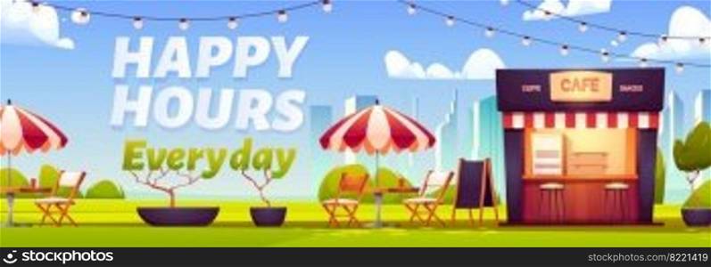 Happy hours in outdoor cafe with coffee and snacks. Vector poster with cartoon cityscape with street cafeteria with umbrellas, tables and chairs on sidewalk in town park. Happy hours in outdoor cafe with coffee and snacks