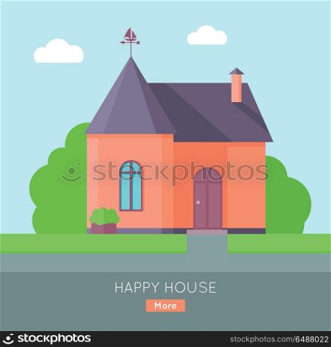 Happy House Concept. Happy house concept. Red house with purple roof. Home house in flat design style. Colorful residential hous. Home, building, house exterior, real estate, family house, modern house. Website template.
