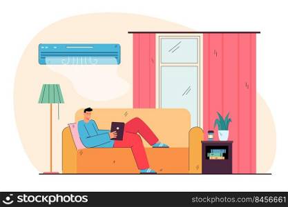 Happy house owner lying on couch, relaxing at home, enjoying leisure under cold air from conditioner. Vector illustration for hot weather, heat, home appliance concept. Happy house owner lying on couch