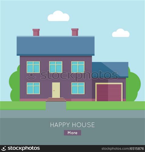 Happy House with Terrace Banner Poster Template.. Happy house banner poster template. Exterior home icon symbol. Residential cottage. Part of series of modern buildings in flat design style. Real estate concept. Vector