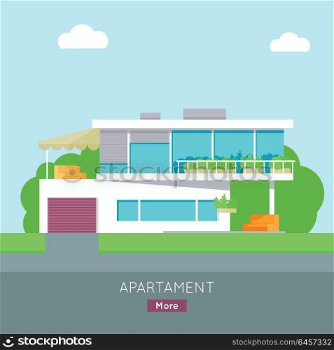 Happy House with Terrace Banner Poster Template.. Happy house with terrace banner poster template. Exterior home icon symbol. Residential cottage. Part of series of modern buildings in flat design style. Real estate concept. Vector