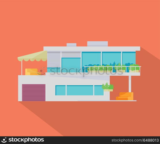 Happy House with Terrace Banner Poster Template.. Happy house with terrace banner poster template. Exterior home icon symbol. Residential cottage. Part of series of modern buildings in flat design style. Real estate concept. Vector