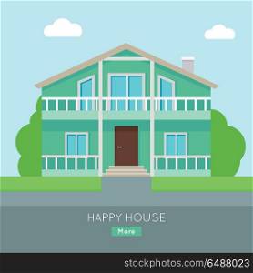 Happy House with Terrace Banner Poster Template.. Happy house with terrace banner poster template. Exterior home icon symbol. Residential cottage in green colors. Part of series of modern buildings in flat design style. Real estate concept. Vector