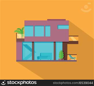 Happy House with Terrace Banner Poster Template.. Happy house with terrace banner poster template. Exterior home icon symbol. Residential cottage. Part of series of modern buildings in flat design style. Real estate concept. Vector