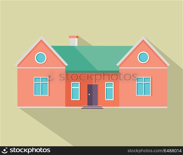 Happy House with Terrace Banner Poster Template.. Happy red house banner poster template. Exterior home icon symbol. Residential cottage. Part of series of modern buildings in flat design style. Real estate concept. Vector