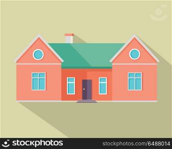 Happy House with Terrace Banner Poster Template.. Happy red house banner poster template. Exterior home icon symbol. Residential cottage. Part of series of modern buildings in flat design style. Real estate concept. Vector