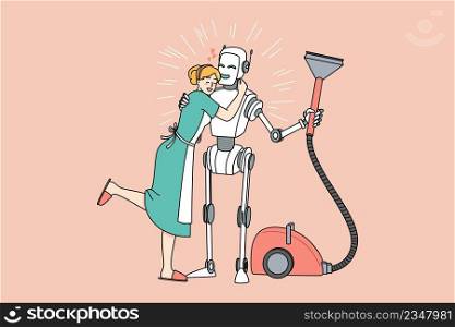 Happy housewife hug robot assistant thanking for help. Smiling wife embrace robotic virtual helper with vacuum cleaner. Housekeeping and new modern technologies. Vector illustration. . Smiling housewife hug robotic assistant cleaning home