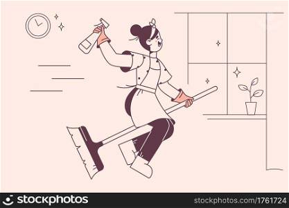 Happy housewife on broom concept. Young smiling woman cartoon character in working clothes sitting on broom with household equipment for cleaning and feeling happy vector illustration . Happy housewife on broom concept