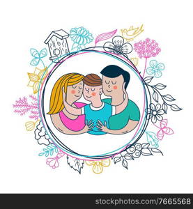 Happy hug day. Family Day. Happy family, mom, dad and baby hugging each other. Vector greeting card, illustration.. Happy hug day. Vector greeting card, illustration.