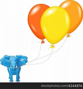happy huge African elephant with multi-colored balloons isolated on white background