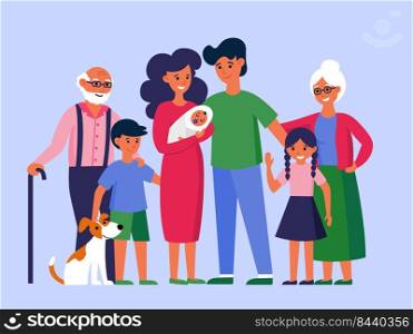 Happy huge family standing together flat vector illustration. Father, mother, grandmother, grandfather, children and dog posing for photo. Big family concept