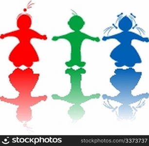 Happy hugging children silhouettes in colors, isolated objects over white background