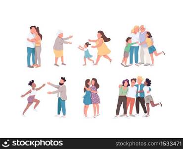 Happy hugging flat color vector faceless characters set. Relationship between relatives. Multi cultural group friendship. Couple cuddle. Family isolated cartoon illustrations on white background. Happy hugging flat color vector faceless characters set