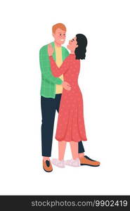 Happy hugging man and woman flat color vector detailed characters. Couple embrace. Boyfriend, girlfriend. Valentines day isolated cartoon illustration for web graphic design and animation. Happy hugging man and woman flat color vector detailed characters