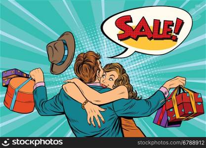 Happy husband and wife on sale, pop art retro vector illustration