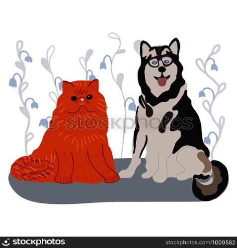 Happy husky dog and ginger cat for pet insurance concept. Vector illustration.. Happy husky dog and ginger cat for pet insurance concept.