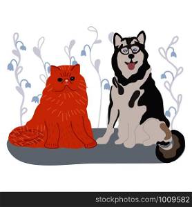 Happy husky dog and ginger cat for pet insurance concept. Vector illustration.. Happy husky dog and ginger cat for pet insurance concept.
