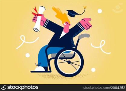 Happy impaired man in wheelchair graduate university celebrate getting diploma. Overjoyed handicapped person enjoy college or business school graduation. Equality concept. Vector illustration. . Happy disabled man celebrate university graduation