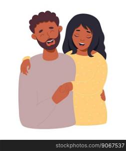 Happy in love black couple. Cute ethnic woman and man are hugging and laugh. Vector illustration in flat style of loving pair for valentine card, wedding and birthday design