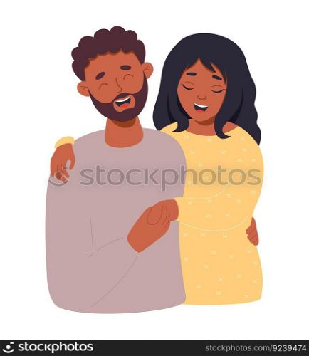 Happy in love black couple. Cute ethnic woman and man are hugging and laugh. Vector illustration in flat style of loving pair for valentine card, wedding and birthday design