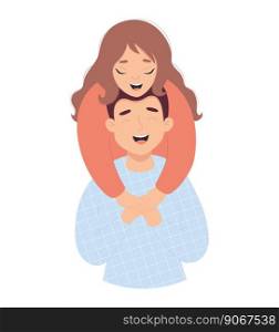 Happy in love married couple. Cute joyful fair-skinned girl hugs man. Vector illustration in flat style of loving young couple for valentines day, wedding and birthday design
