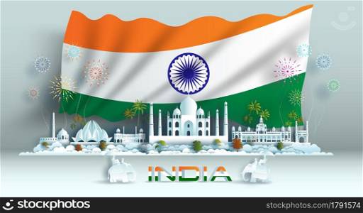 Happy independence anniversary celebration national day in India flag background with Travel landmarks architecture of India in new delhi with origami paper art, paper cut. Vector illustration