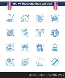 Happy Independence Day 16 Blues Icon Pack for Web and Print celebration; grill; house; bbq; food Editable USA Day Vector Design Elements