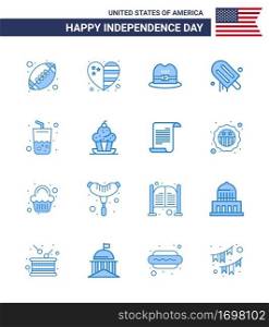 Happy Independence Day 16 Blues Icon Pack for Web and Print summer  glass  hat  usa  cream Editable USA Day Vector Design Elements