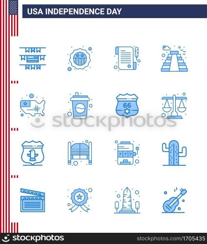 Happy Independence Day 16 Blues Icon Pack for Web and Print usa; states; receipt; map; landmark Editable USA Day Vector Design Elements