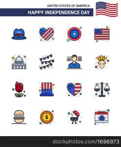 Happy Independence Day 16 Flat Filled Lines Icon Pack for Web and Print wisconsin  madison  police  capitol  flag Editable USA Day Vector Design Elements