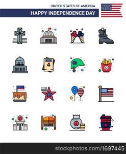 Happy Independence Day 16 Flat Filled Lines Icon Pack for Web and Print landmark; building; icecream; american; shose Editable USA Day Vector Design Elements
