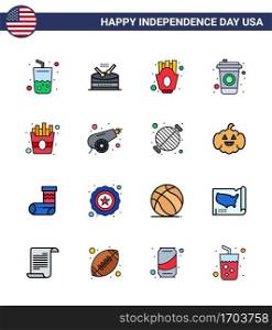 Happy Independence Day 16 Flat Filled Lines Icon Pack for Web and Print fries  fast  chips  drink  bottle Editable USA Day Vector Design Elements