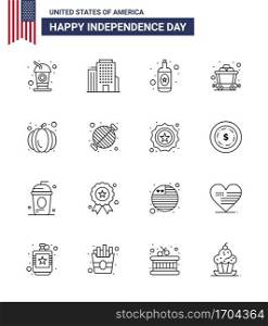 Happy Independence Day 16 Lines Icon Pack for Web and Print barbecue  usa festival  bottle  pumpkin  rail Editable USA Day Vector Design Elements