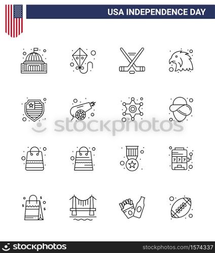 Happy Independence Day 16 Lines Icon Pack for Web and Print shield; american; hokey; eagle; animal Editable USA Day Vector Design Elements