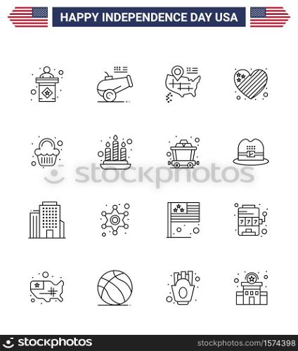 Happy Independence Day 16 Lines Icon Pack for Web and Print sweet; cake; location; love; flag Editable USA Day Vector Design Elements