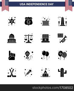 Happy Independence Day 16 Solid Glyphs Icon Pack for Web and Print washington  sight  day  monument  independence Editable USA Day Vector Design Elements